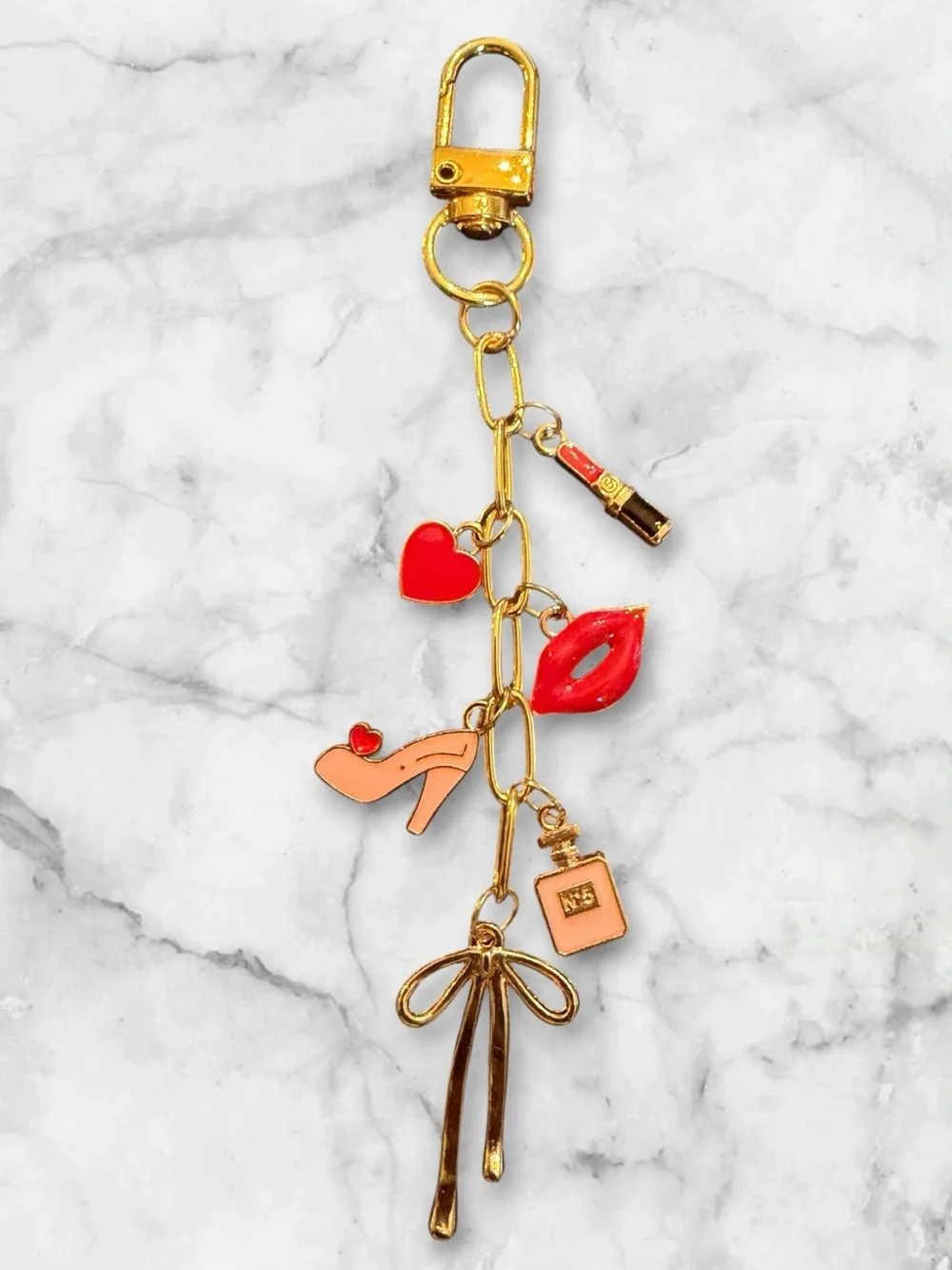 Gold-tone Lipstick & Charm Keychain with Red Accents